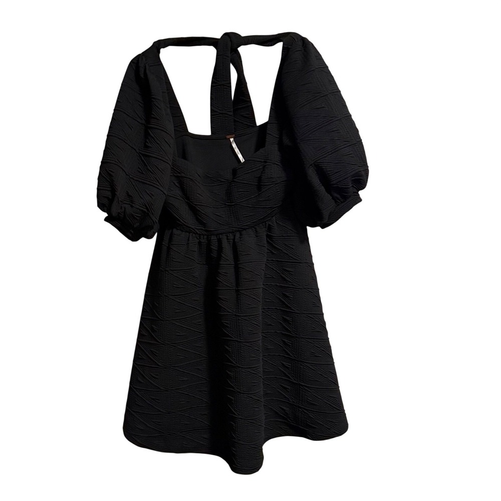 Free People Black Textured Puff Sleeve Babydoll Mini Dress Open Back XS
